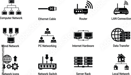 Collection of computer networking and internet technology icons in black and white Keywords: computer network, ethernet cable, router, LA