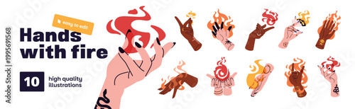 Hands with magic burning fire set. Human palms holding flame. Witchcraft, spells and sorcery. Concept of inner energy, power and anger. Flat isolated vector illustrations on white background