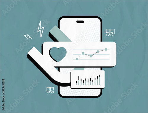 Social media analytics with engagement tracking and user interaction metrics in mobile interface. Analytics workflow with engagement insights and performance monitoring process vector illustration