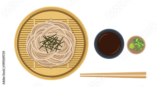 Flat Vector Illustration of Zaru Soba Noodles on Bamboo Tray with Dipping Sauce Japanese Food