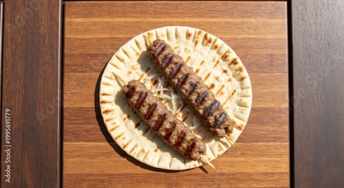Grilled Lamb Souvlaki Skewers on Pita Bread, Delicious Mediterranean Cuisine.