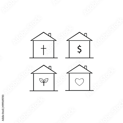 Manually drawn vector illustration of house icons set. Handcrafted linear symbols collection representing real estate concepts including christian cross dollar sign eco plant and heart shapes.