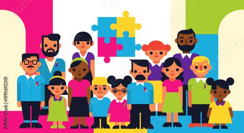 Diverse group of people and puzzle pieces representing unity and inclusion