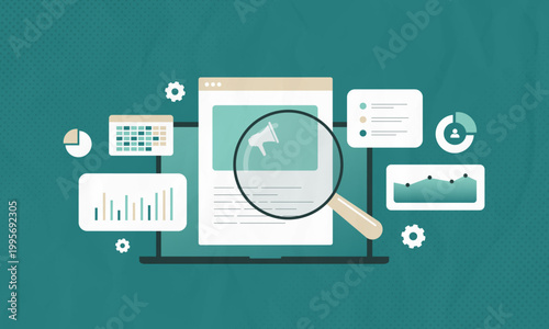 Digital advertising analytics with ad performance tracking and campaign analysis in web interface. Marketing analytics workflow with data analysis, performance monitoring process vector illustration