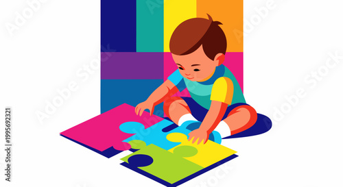 Child playing with a colorful puzzle, educational toy for child development and cognitive skills