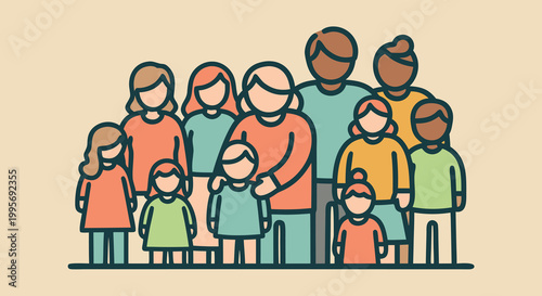 Stylized illustration of a diverse family group standing together, representing unity and togetherness