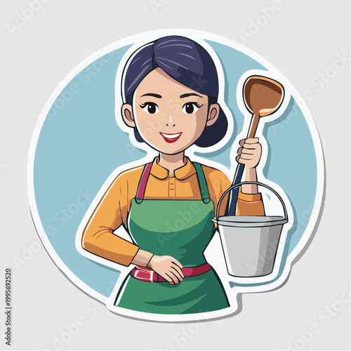 Cartoon Woman with Cleaning Supplies