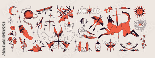 Sketches of mystic tattoos set. Magic elements, abstract flowers and esoteric eyes in bohemian style. Colored and contour moths, birds and hands for body art. Hand drawn isolated vector illustrations