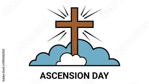 Ascension Day Christian Vector Illustration with Holy Cross Rising Above Clouds and Shining Light, Religious Church Celebration Poster on White Background.