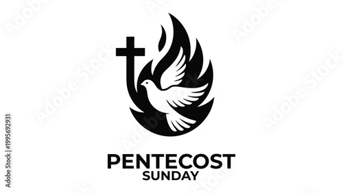 Pentecost Sunday Christian Vector Illustration with Holy Spirit Dove, Cross and Fire Flame Symbols, Religious Church Celebration Logo on White Background.