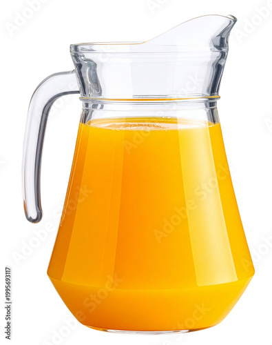 clear transparent glass pitcher filled orange juice isolated on white background