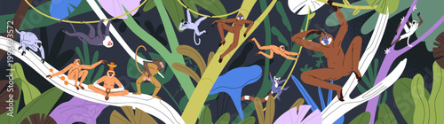 Cute monkeys play in jungle, hanging on lianas, palm branches. Funny group of primates has fun in rainforest. Exotic animals of tropical forest- lemurs, marmosets, gibbons. Flat vector illustration