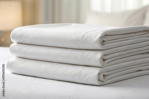 Stacked White Bed Linens on Bed Clean Bedding and Hotel Interior Concept