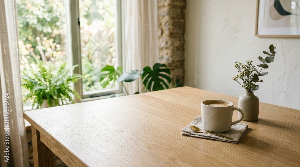 Fototapeta premium Coffee cup on wooden table indoors.