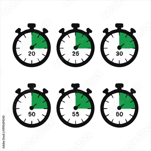 Stopwatch collection showing different time intervals with green sector highlights and numeric labels