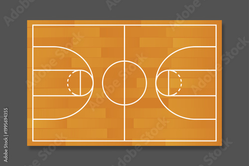 Top view of basketball court background with wooden floor texture and white markings, vector illustration