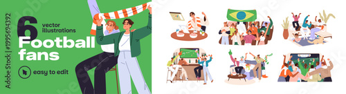 Football fans set. People support their sports team. Men and women watch soccer match on TV and cheer squad. Characters rejoice at goal and score. Flat isolated vector illustration on white background
