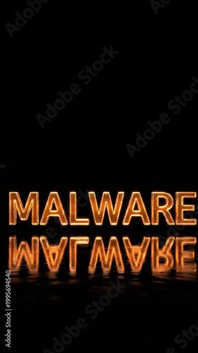 Glowing Malware Text Reflecting on Water with Dramatic Lens Flare and Light Rays on Black Background