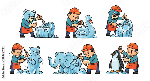 Artisans carving ice sculptures of animals for artistic presentation