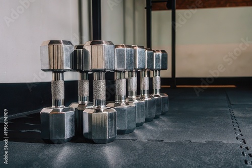 Silver Dumbbells on Gym Floor Strength Training Equipment in Modern Fitness Studio