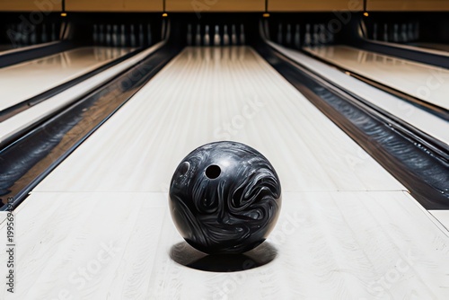 Black and White Marble Bowling Ball on Lane in Modern Bowling Alley Close Up