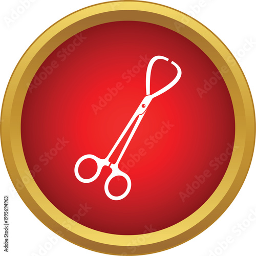 Surgical grasping forceps instrument isolated on a red circle with gold border