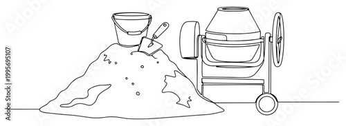 Continuous one line drawing of a concrete mixer next to a sand pile with bucket and trowel