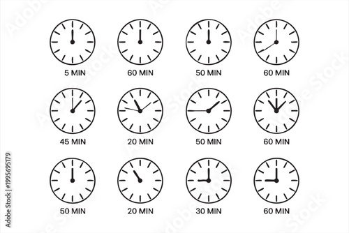 Clock faces showing various time intervals vector illustration set for time management concept