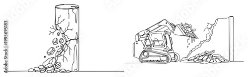 Single line art of demolition activities featuring a collapsing column and a skid steer loader