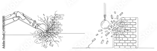 Tableau sur toile Continuous one line drawing of excavator and wrecking ball demolishing a brick w