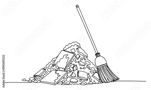 Single line art of a manual broom cleaning up a pile of construction debris and rubble
