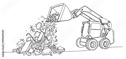 One line drawing of a skid steer loader moving construction rubble on a building site