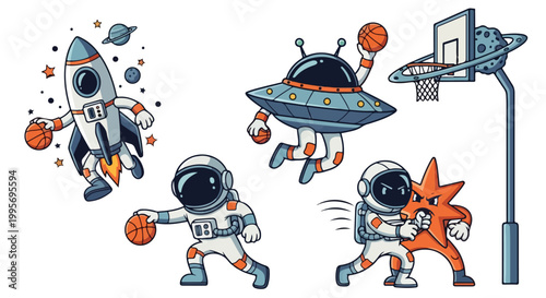Astronauts and extraterrestrial characters playing basketball vector illustration