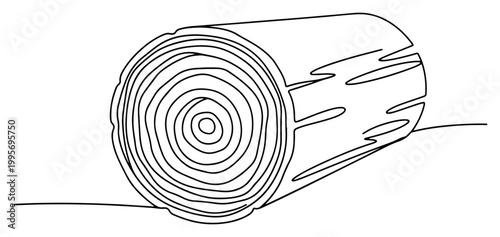 Continuous one line drawing of a tree log with detailed annual growth rings and bark texture