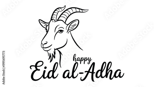 Happy Eid al Adha hand drawn goat illustration with elegant typography Islamic festival greeting minimal line art design for banner poster social media template