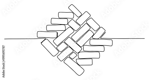 Continuous one line drawing of stacked construction bricks in a geometric pattern