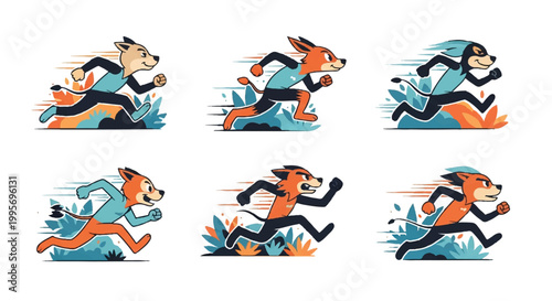 Cartoon animals running fast set illustration