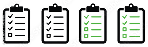 Four clipboards with checklists in black and green, minimal office workflow management concept, task completion tracking boards, modern productivity and to do list illustration for business planning 