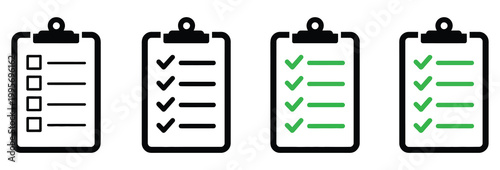 Four clipboards displaying checklist forms in black and green color scheme, clean vector office stationery set, project management and productivity tracking concept, administrative workflow and task 