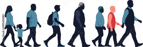 Diverse people walking together including family child and adults in colorful silhouettes isolated on white background representing community lifestyle movement