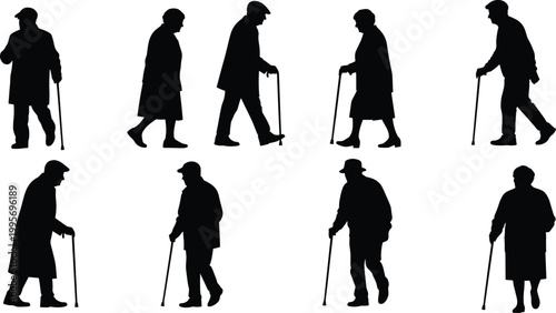 Elderly people silhouettes walking with cane isolated on white background representing aging, support, mobility, senior lifestyle and daily movement activity concept