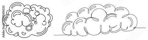 Continuous one line drawing of fluffy soap foam or soft white cloud shapes