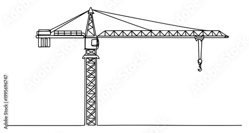Continuous one line drawing of a tall construction tower crane for building projects