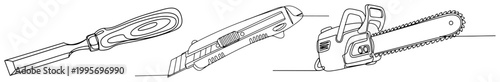Continuous one line drawing of various cutting tools including chisel utility knife and chainsaw
