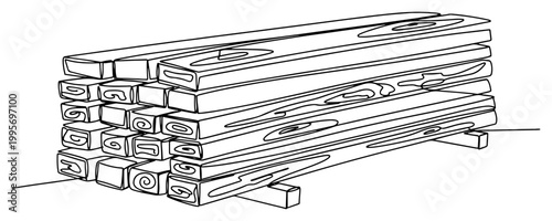 Continuous one line drawing of a stack of wooden planks and timber for carpentry or building projects