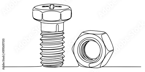 Continuous one line drawing of a metal bolt and hexagonal nut for industrial fastening and assembly