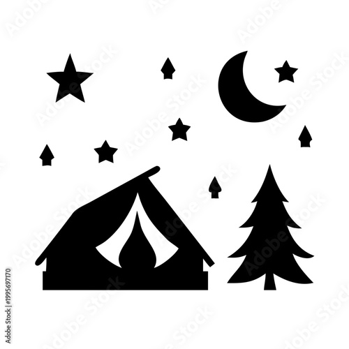 Camping tent in the forest under the moon and stars at night