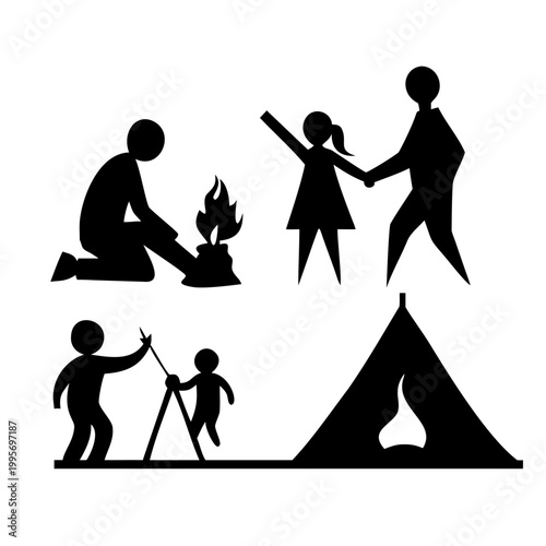Set of camping icons with people, tent, and campfire