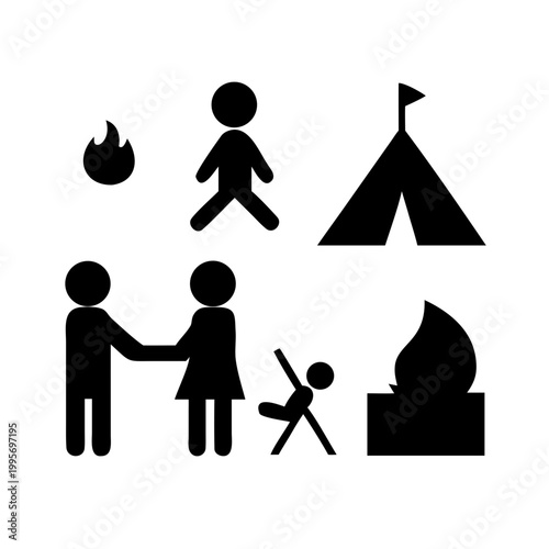 Camping and family outdoor recreation icons set