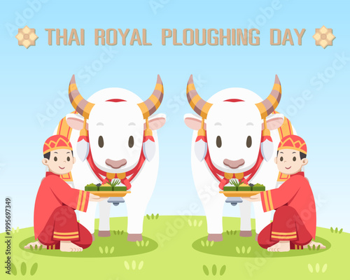 Sacred Oxen of Thailand Royal Plowing Ceremony cartoon illustration